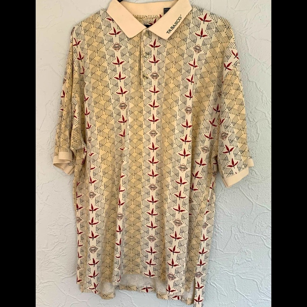 -VINTAGE TABASCO HOT SAUCE ALL OVER PRINT COTTON POLO SIZE XL NICE